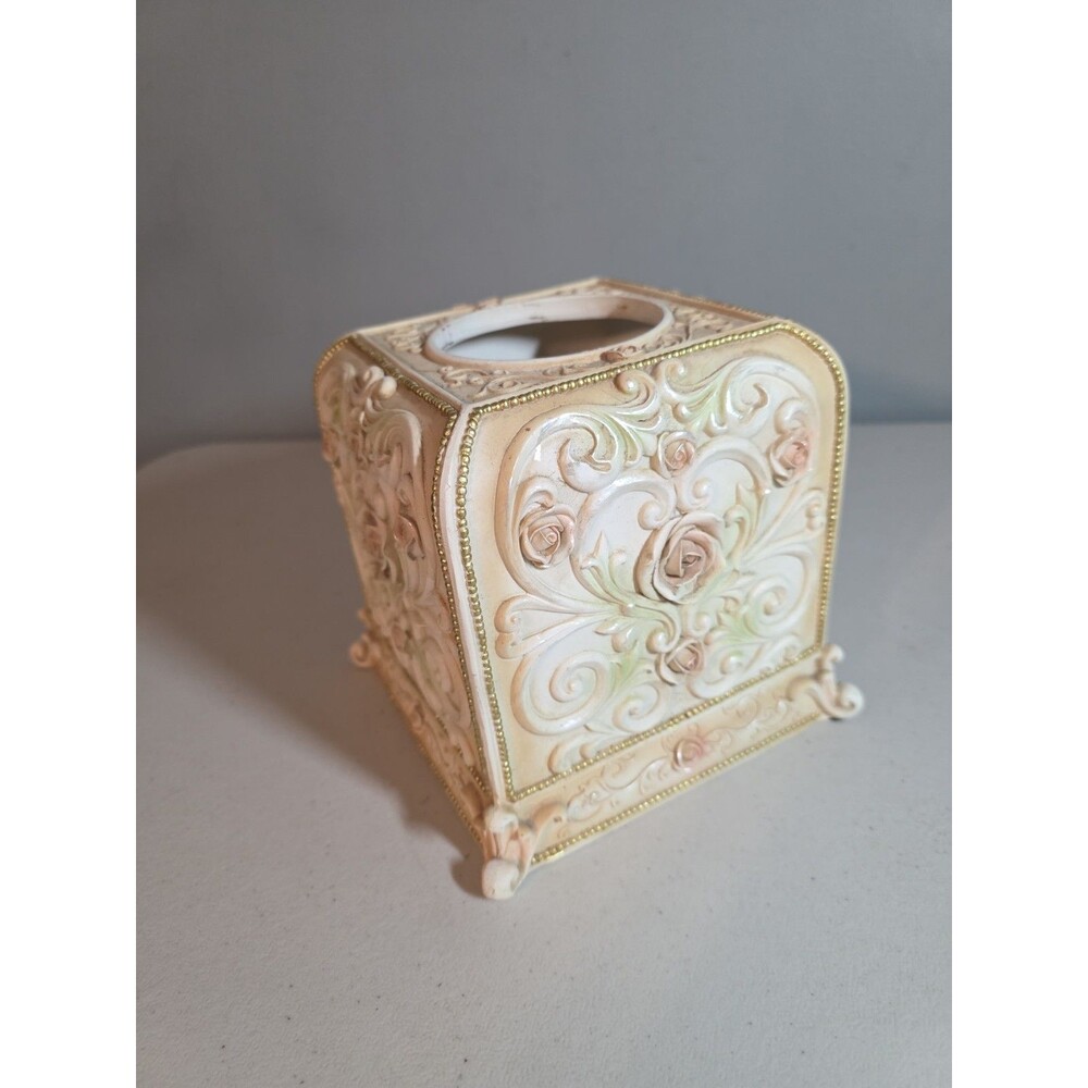 Floral Tissue Box Cover 3D Resin Pink Roses Cream Gold Square Cottagecore